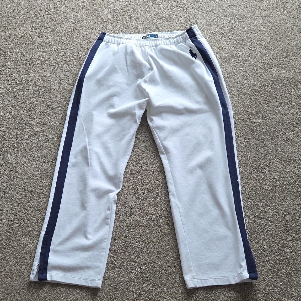Ralph Lauren White Sweatpants with Navy Side Stripes and Pony Logo